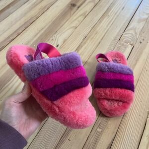 UGG Fluff Yeah Slide Pink Purple Striped Sheepskin Slingback Sandals Kids Size 2